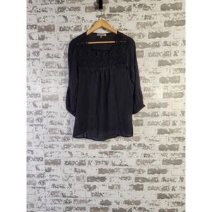 Boho Crochet Lace Blouse Large Black Peasant Romantic Goth Witchy